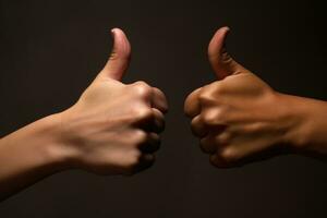 AI generated A stock photo showcasing two thumbs up signs, with one hand displaying a thumbs up gesture in a white circle. The image conveys a sense of approval, positivity, and agreement between people.