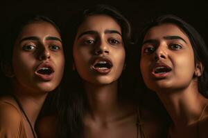 AI generated three young women with flawless, dark skin standing side by side and singing in unison. They appear to be harmonizing in perfect harmony, showcasing their impressive vocal talents. photo