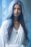 AI generated a stunning, youthful woman with long silver hair, looking into the camera. Her hair is a striking feature, and her expression and pose show confidence and grace. photo