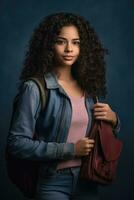 AI generated a gorgeous curly-haired woman with a red purse, standing in a room. She is wearing a denim jacket and holding her purse close to her side. The woman's outfit and her stylish red purse are the main focus of the image. photo