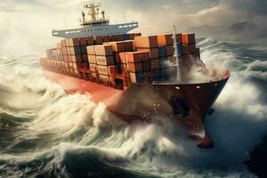 AI generated Container Cargo freight ship in the storm sea Ai generator photo