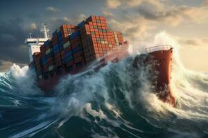 AI generated Container Cargo freight ship in the storm sea Ai generator photo