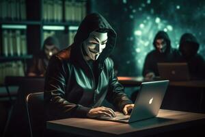 ai generado un hacker vistiendo anónimo máscara y hackear ordenador personal. ai generado foto