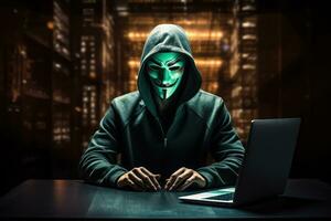ai generado un hacker vistiendo anónimo máscara y hackear ordenador personal. ai generado foto