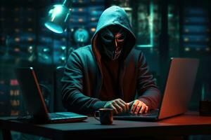 AI generated A hacker wearing anonymous mask and hacking pc. Ai generated photo