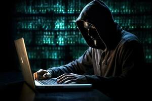 AI generated A hacker wearing anonymous mask and hacking pc. Ai generated photo