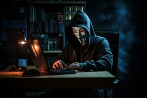 AI generated A hacker wearing anonymous mask and hacking pc. Ai generated photo