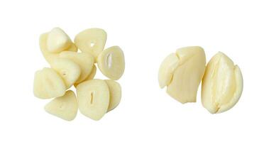Top view set of pounded peeled garlic cloves and slices isolated on white background with clipping path photo