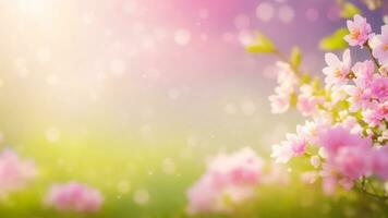 AI generated Spring blossom background with bokeh lights and pink cherry blossoms, copy space photo