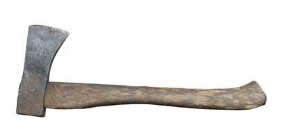 Old rust dirty dark gray axe with brown wooden handle isolated on white background with clipping path photo