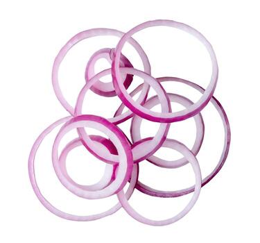 Onion slices or rings in stack isolated on white background with clipping path. Top view and flat lay photo