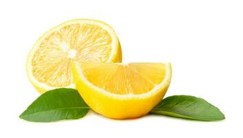 Fresh yellow lemon half with quater and leaves isolated on white background with clipping path photo