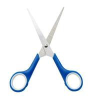 Small multipurpose scissors with blue handle isolated on white background with clipping path photo