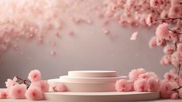 AI generated podium for product presentation, cherry blossom petal background, 3d render photo