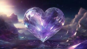 AI generated heart made of purple amethyst against a background of mountains, 3d illustration photo