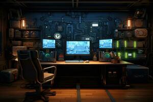 AI generated Futuristic gaming room with monitors and computers, 3d rendering of a computer room with a lot of gaming equipment , AI Generated photo