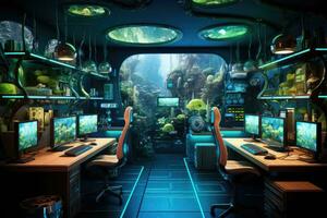 AI generated Futuristic gaming room with monitors and computers, 3d rendering of a computer room with a lot of gaming equipment , AI Generated photo