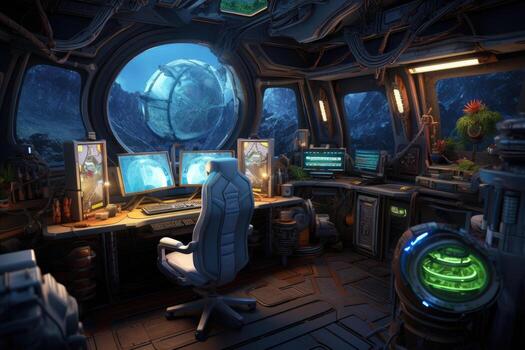 AI generated Futuristic gaming room with monitors and computers, 3d rendering of a computer room with a lot of gaming equipment , AI Generated photo