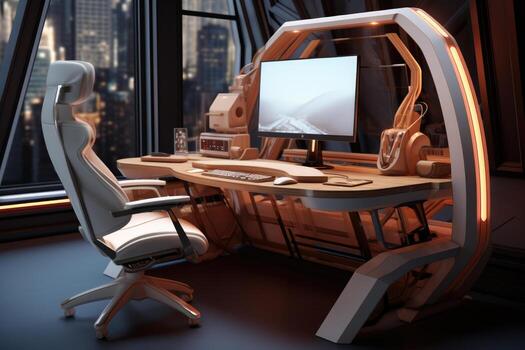 AI generated Futuristic gaming room with monitors and computers, 3d rendering of a computer room with a lot of gaming equipment , AI Generated photo