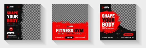 watercolor paint brush strokes texture Fitness gym social media post banner template with black and red color. Grunge brush stroke effect Workout fitness and Sports social media post banner bundle. vector