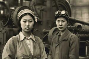 AI generated The black and white image showcases two women standing side by side in front of a large machine in what appears to be an industrial setting. They both look determined and strong, exemplifying the empowerment of women in the workplace. photo