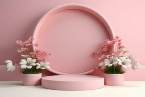 AI generated 3d podium for product presentation on flowers background luxury style 3d model Ai generator photo