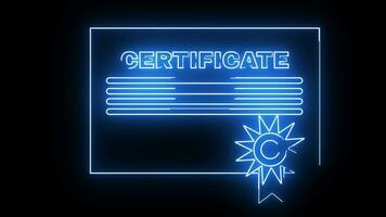 animato certificato carta icona con un' raggiante neon effetto video