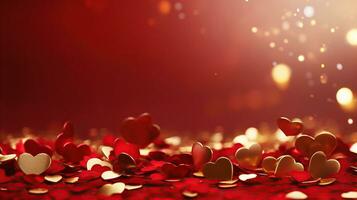 AI generated Golden confetti and pink hearts on a red background, copy space. Background of Valentines day concept. photo