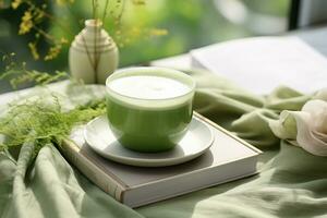 AI generated Matcha latte with a serene morning backdrop. A cozy blanket and a book next to it photo