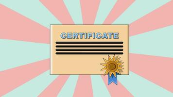 Animation of a certificate paper icon with a rotating background video