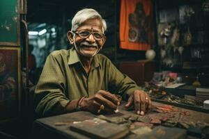 ai generado un antiguo hombre con un grande sonrisa trabajando en papel foto