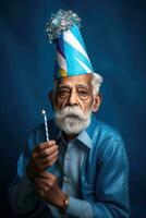 ai generado antiguo hombre celebrando cumpleaños con un pastel y un vela foto