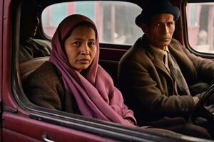 AI generated A ride in a classic car with immigrants - a man and a woman wearing traditional Muslim attire. photo