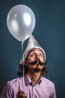 AI generated A Surreal and Funny Scene with a Man Wearing a Foil Hat and a Balloon on His Head photo