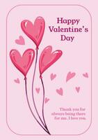 Happy Valentine greeting card design cover with heart balloons vector illustration isolated on vertical pink background.