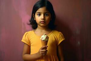 AI generated A little girl enjoying a cold, creamy treat on a sunny day photo