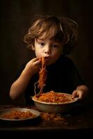 AI generated Little Boy Eating Noodles photo