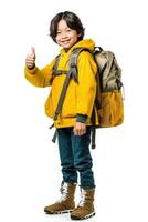 AI generated Smiling school boy giving a thumbs up while wearing a yellow jacket and carrying a backpack. photo