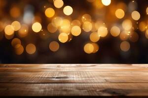 AI generated Empty wooden table top with lights bokeh on blur background An empty wooden counter table top for product display Ai generated photo