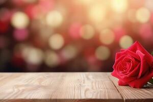 AI generated Empty wooden table top with flower and bokeh on blur background An empty wooden counter table top for product display Ai generated photo