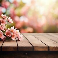 AI generated Empty wooden table top with flower and bokeh on blur background An empty wooden counter table top for product display Ai generated photo