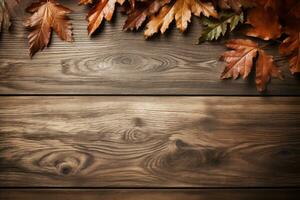 AI generated Empty wooden table top with leaf and bokeh on blur background An empty wooden counter table top for product display Ai generated photo