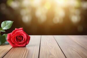 AI generated Empty wooden table top with flower and bokeh on blur background An empty wooden counter table top for product display Ai generated photo