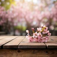 AI generated Empty wooden table top with flower and bokeh on blur background An empty wooden counter table top for product display Ai generated photo