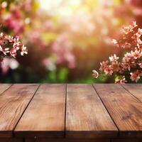 AI generated Empty wooden table top with flower and bokeh on blur background An empty wooden counter table top for product display Ai generated photo