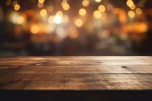 AI generated Empty wooden table top with lights bokeh on blur background An empty wooden counter table top for product display Ai generated photo