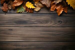 AI generated Empty wooden table top with leaf and bokeh on blur background An empty wooden counter table top for product display Ai generated photo