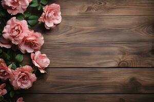 AI generated Empty wood background with flower for product display Ai generated photo