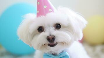 AI generated white maltese wearing a birthday hat photo
