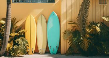 AI generated yellow surf boards lean against the side of a house photo